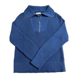 Blue Open Knit 1/4 Zip-Funnel Neck/Polo Collar Sweater-Women’s sz L